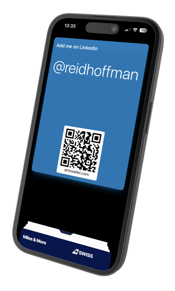 iPhone showing an Apple Wallet pass with a QR code for sharing a social media profile